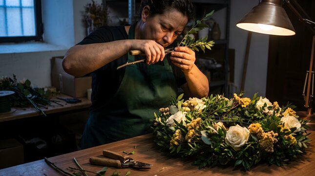 Woman works meticulously on a floral wreath, using clippers to trim greenery while crafting a decorative arrangement under a focused lamp light.