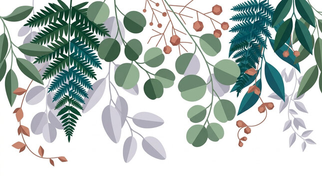 Seamless botanical pattern with tropical leaves and eucalyptus branches