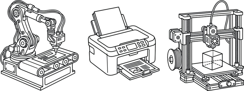 Industrial manufacturing technology line icon set featuring robotic assembly arm office paper printer and modern 3D printer vector