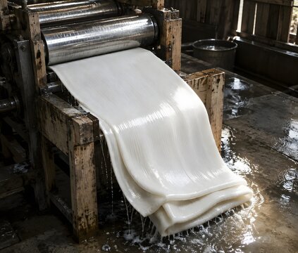 A freshly pressed white rubber sheet sagging and folding as it leaves the smoothing rollers of a small wooden machine with a wet sheen