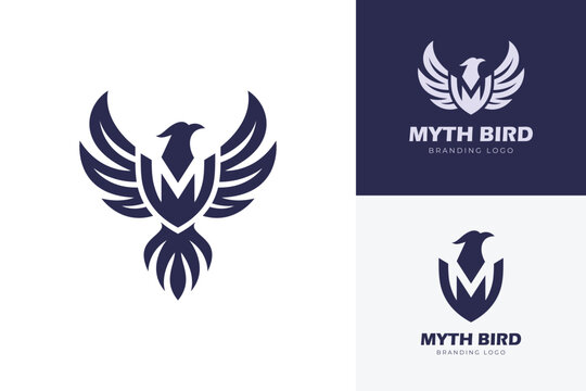 Mythical Phoenix Bird Logo with Letter M and Shield Icon Design Template for corporate branding, sports teams, and security services.