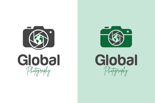 World Photography Logo icon design with Camera Shutter and World Globe Icon, ideal for international photography businesses and travel agencies.