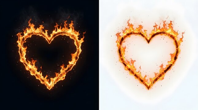 Two brightly colored heart shaped flames are shown on both dark and light backgrounds representing passion love and a strong emotional bond