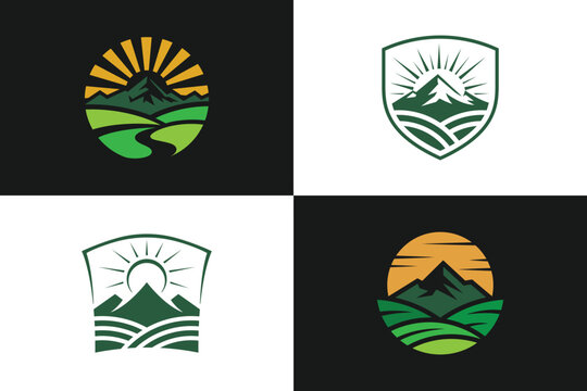 Mountain Landscape Logo Set design, minimalist mountain emblems with Sun and Valley Hills for Outdoor Adventure Branding and Agriculture Identity