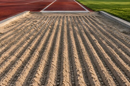 Long jump sand pit combed into fine parallel furrows with crisp pale ridges