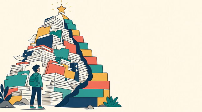 Student standing before a giant pyramid of office folders