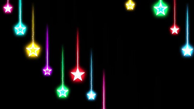 Colorful neon hanging stars falling with glowing vertical light trails on black background