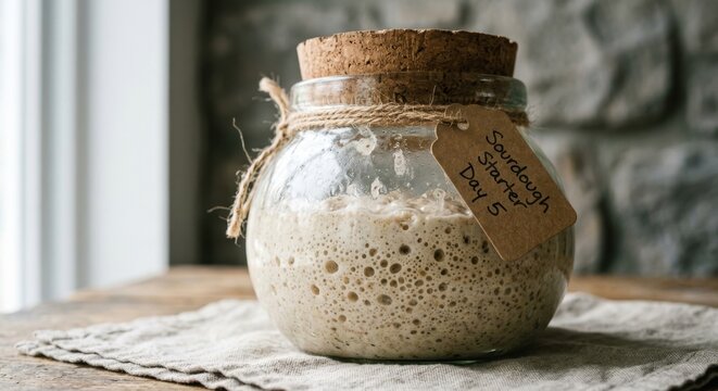 Active sourdough starter with fermentation bubbles in a glass jar with cork lid and paper tag, rustic home baking concept for artisan bread making on a wooden table with linen cloth background.