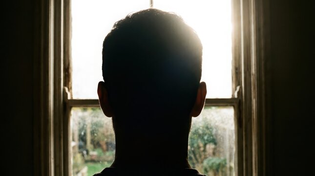 Silhouette of person looking out sunlit window with outdoor greenery view