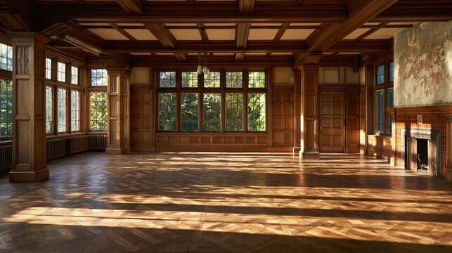 Empty historic hall with dark wood wall paneling, parquet flooring, and large windows, with sunlight creating geometric patterns on the floor