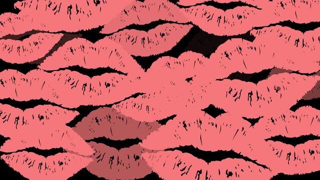 Pink kiss lips transition animation with repeating lipstick pattern, romantic beauty design and transparent background alpha channel for creative projects