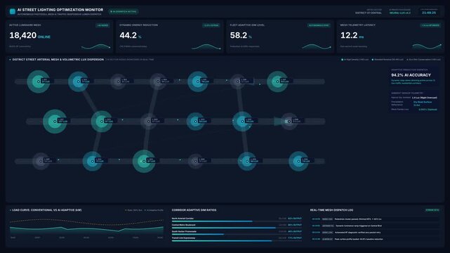 Ai street lighting optimization dashboard for dynamic energy reduction network telemetry data, for smart city infrastructure, urban management, automated systems, ecological efficiency