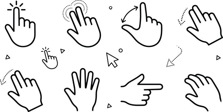 Touch screen hand gestures line icon set featuring click swipe pinch zoom drag tap and scroll vector elements