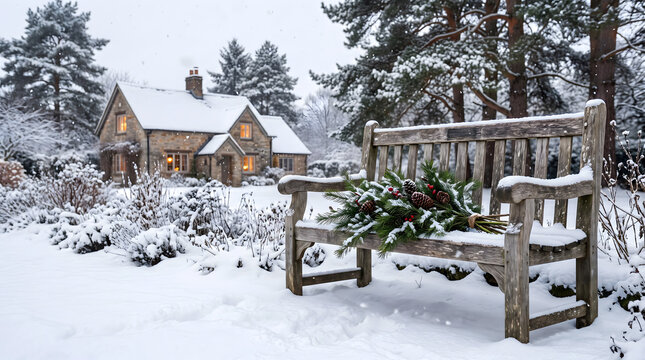 A rustic wooden bench covered in snow with a pine branch bouquet, set in a snowy garden in front of a stone cottage during a winter snowfall