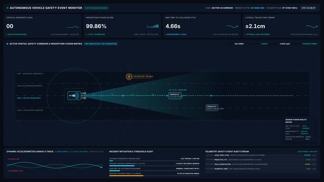 Autonomous vehicle safety event monitor interface for telemetry data sensor fusion matrix, for advanced driver assistance systems, self driving technology, modern automotive software