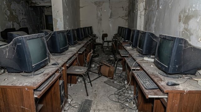 Abandoned computer lab with old CRT monitors and damaged furniture