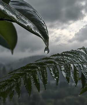 Single rubber leaf tip releasing a fat water drop onto a broad fern frond below