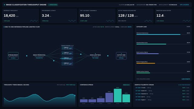 Data center operations dashboard with real-time ai image classification metrics pipeline performance, for advanced machine learning systems, high-speed processing, automated cloud computing