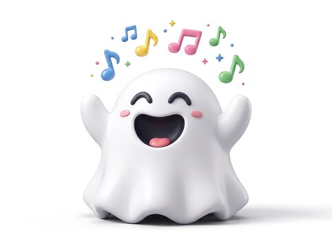 3D Cheerful ghost character laughing and singing with colorful musical notes cute ghost cartoon chara
