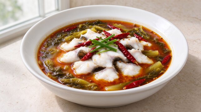 Top‑down view of Sichuan suan cai yu, spicy sour fish soup with pickled cabbage