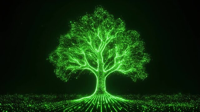 Glowing green particles forming a growing tree silhouette, representing reforestation and carbon offset initiatives for ESG environmental and climate action media.