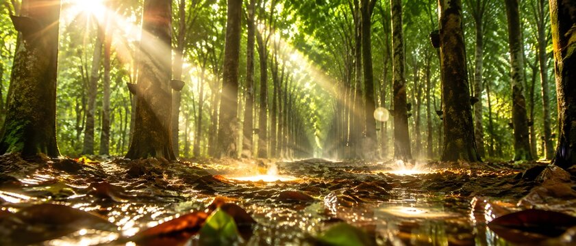 Raking shafts of sunlight dropping through a closed rubber canopy onto glossy wet leaf litter