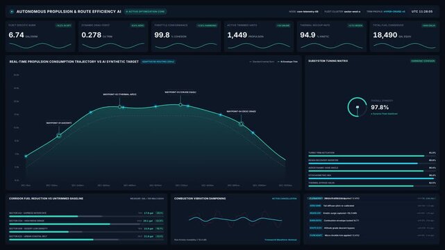 Futuristic autonomous propulsion dashboard interface with data graphs telemetry metrics, for advanced aerospace engineering, deep space exploration, navigation systems