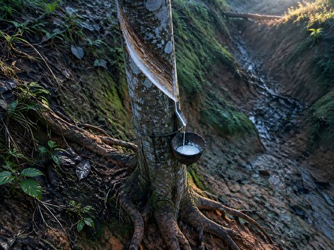 Slender rubber trunk at the lip of an eroded gully with a long steep diagonal tapping cut and exposed roots