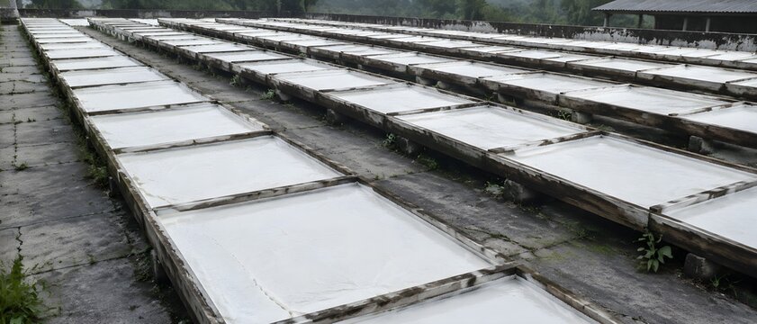 Rows of shallow coagulation pans with setting latex on a concrete yard