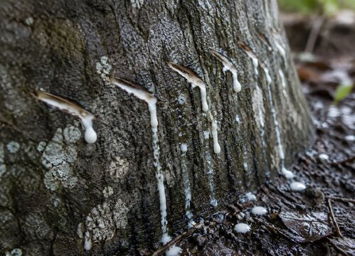 White latex sap weeping from small knife nicks low on a rubber trunk with tiny beads gathering on the bark