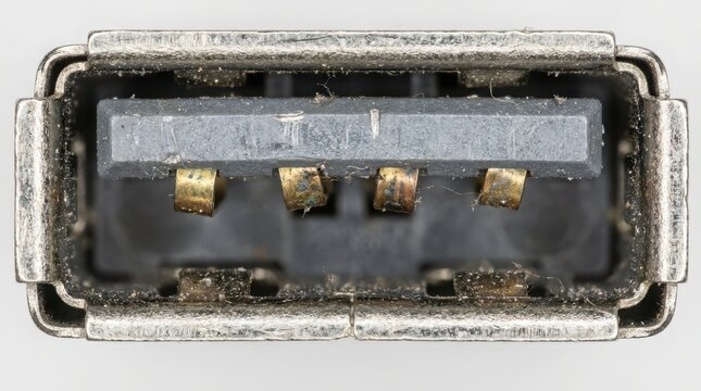 Close up view of old corroded electrical connector terminals inside casing
