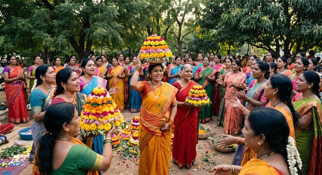 Indian women celebrating Bathukamma festival with flower stacks