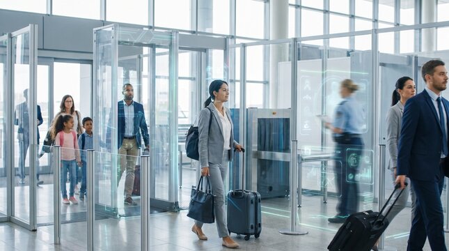 Business travelers at electronic gates, with digital facial recognition graphic overlays, passing through security scan checkpoint, inside modern airport terminal, travel technology photography