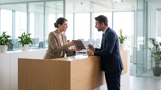 Office receptionist helping a visitor check in at a modern workplace reception, professional front desk service and business administration