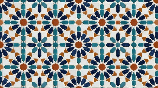 Intricate islamic geometric pattern with repeating star motifs in teal, dark blue, and brown, featuring a symmetrical tessellating tile