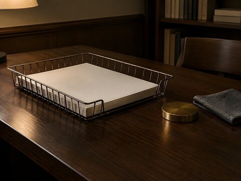 Plain wire paper tray holding blank forms on a dark oak desk in a departmental study room