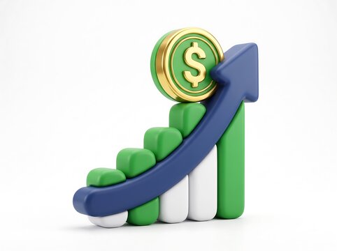 Rising bar graph with a gold dollar coin and green upward trend arrow 3D illustration