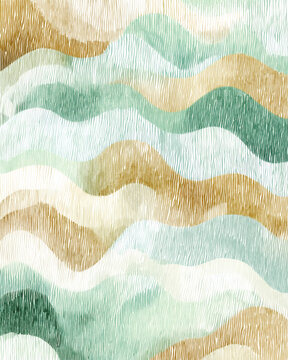 Abstract wavy stripes in soft mint green, beige, cream and brown with hand-drawn textured lines, creating a calm flowing pattern.