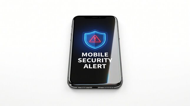 Modern smartphone displaying a glowing blue shield icon and red exclamation warning symbol representing critical mobile security alert software vulnerabilities on clean isolated white background studi