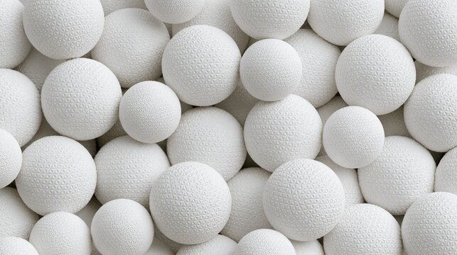Macro view of numerous white textured spheres or balls packed together, forming a detailed and repetitive abstract surface pattern