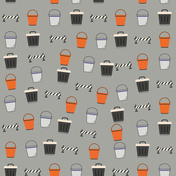 Seamless pattern of buckets, trash cans, and construction barriers