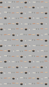 Seamless pattern of cartoon cauldrons, candles, and planks