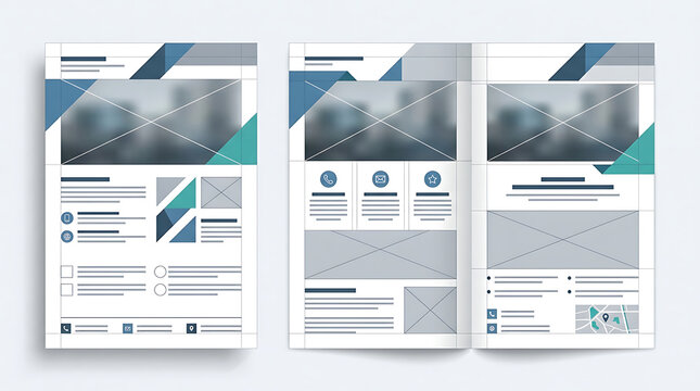 Professional corporate brochure layout design with geometric blue and teal accents for business presentation.