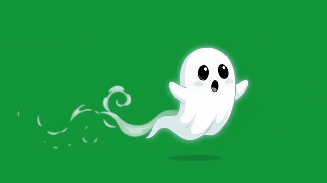 Cute cartoon ghost character running and leaving a misty trail with expressive eyes on a green screen background.