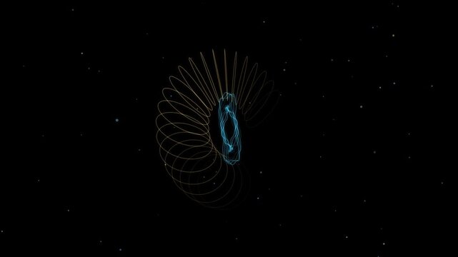 Abstract digital visualization of a magnetic field structure with glowing blue core and golden orbital rings against a dark starry space background