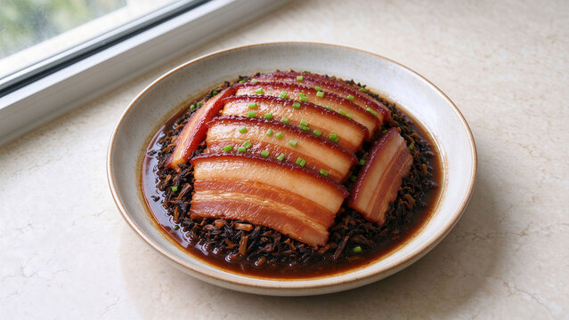Top‑down view of mei cai kou rou, Chinese braised pork belly with preserved mustard greens