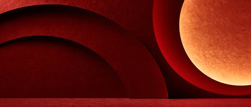 Abstract red arch with glowing orange circle on dark textured background
