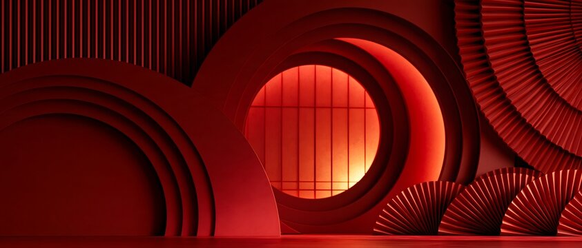 Red abstract interior with circular arch, curved wall, and folded paper fan