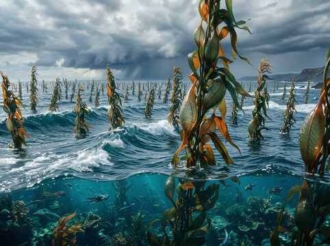 Vast Extraterrestrial Seascape with Flexible Biological Towers Swaying in Giant Waves