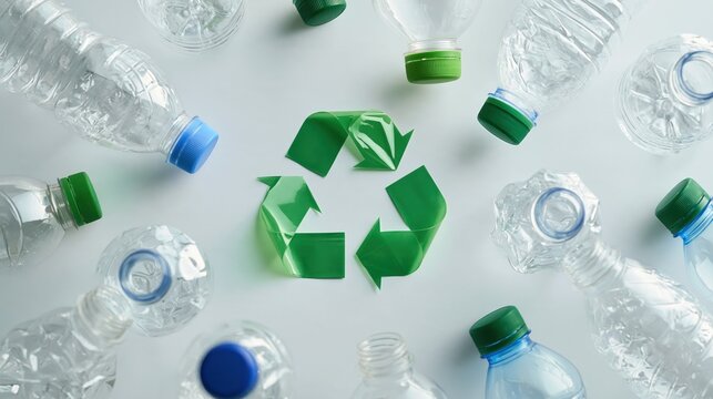 Overhead shot of a green recycling symbol surrounded by empty, clear plastic water bottles with blue and green caps on a light gray